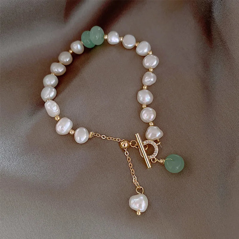 Kpop Irregular Imitation Pearl Bracelet For Women Korean Natural Stone Pendant Adjustable Cuff Bracelets Anniversary Jewelry