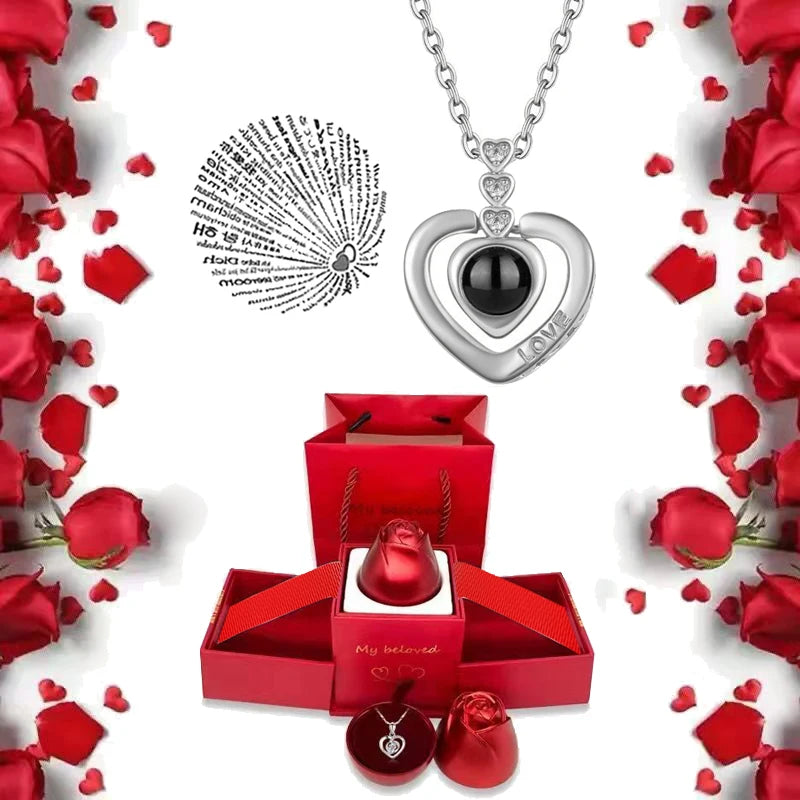 I Love You Necklace With Rose Gifts Box 100 Languages Projection Pendant Jewelry For Girlfriend 2023 New In Romantic Accessories