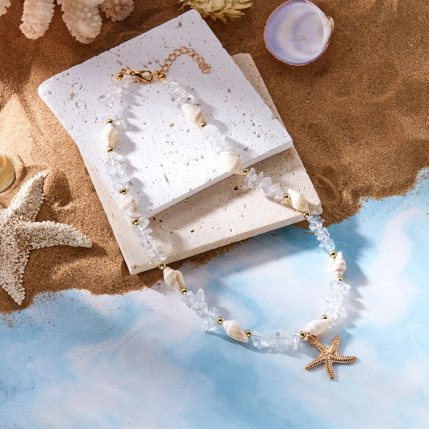 Bohemian Starfish Conch Pendant Necklaces For Women Colorful Irregular Stone Choker Neck Chain Girls Summer Beach Party Jewelry