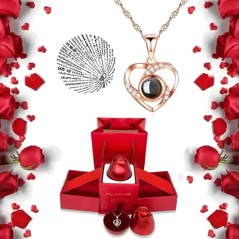 I Love You Necklace With Rose Gifts Box 100 Languages Projection Pendant Jewelry For Girlfriend 2023 New In Romantic Accessories
