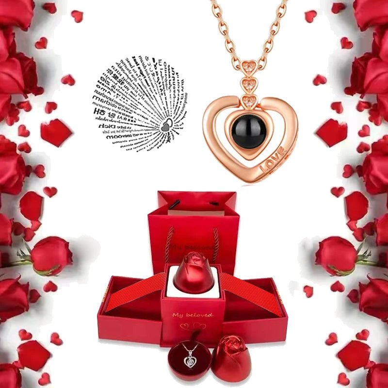 I Love You Necklace With Rose Gifts Box 100 Languages Projection Pendant Jewelry For Girlfriend 2023 New In Romantic Accessories