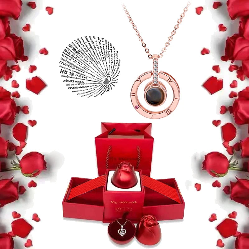 I Love You Necklace With Rose Gifts Box 100 Languages Projection Pendant Jewelry For Girlfriend 2023 New In Romantic Accessories