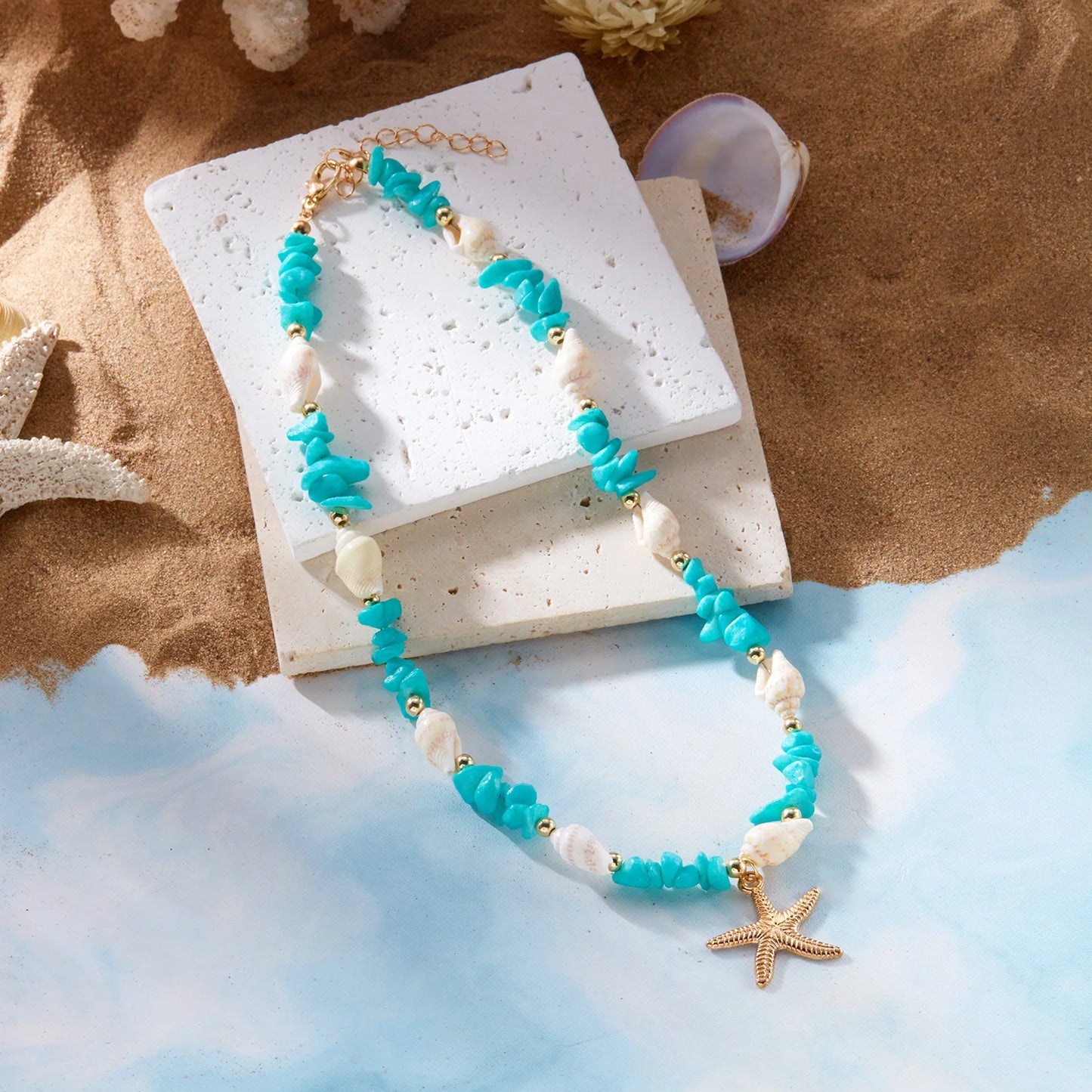 Bohemian Starfish Conch Pendant Necklaces For Women Colorful Irregular Stone Choker Neck Chain Girls Summer Beach Party Jewelry