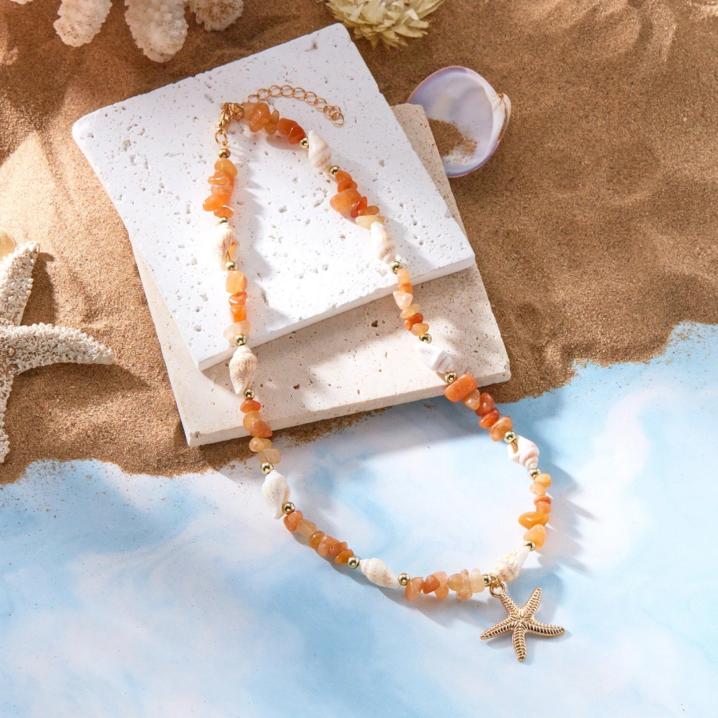 Bohemian Starfish Conch Pendant Necklaces For Women Colorful Irregular Stone Choker Neck Chain Girls Summer Beach Party Jewelry