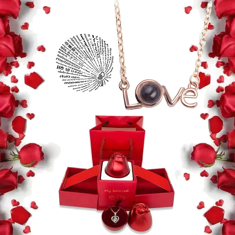 I Love You Necklace With Rose Gifts Box 100 Languages Projection Pendant Jewelry For Girlfriend 2023 New In Romantic Accessories