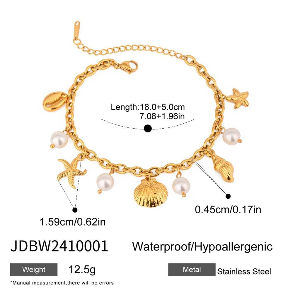 2025 Summer Shell Starfish Bracelet Bangle Waterproof Accessories Beach Ocean Pendant Stainless Steel Chain Bracelets for Women