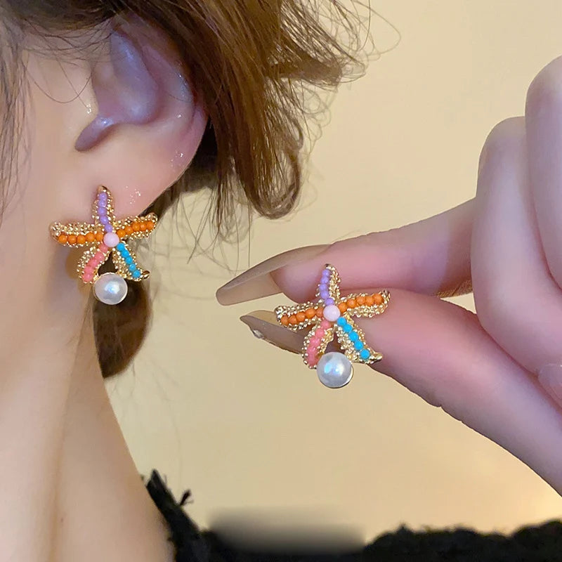 New Cute Starfish Shell Stud Earrings for Women Shiny Rhinestone Imitation Pearl Asymmetric Zircon Earring Girls Charm Jewelry