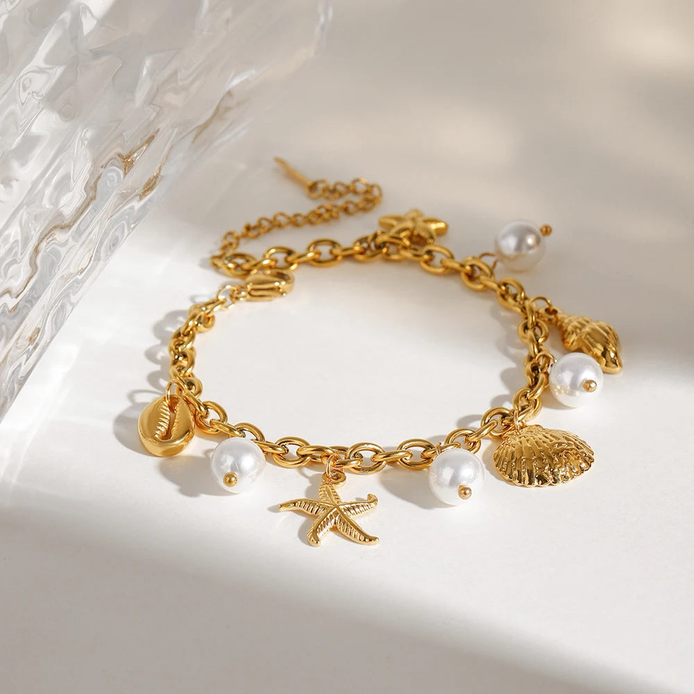 2025 Summer Shell Starfish Bracelet Bangle Waterproof Accessories Beach Ocean Pendant Stainless Steel Chain Bracelets for Women