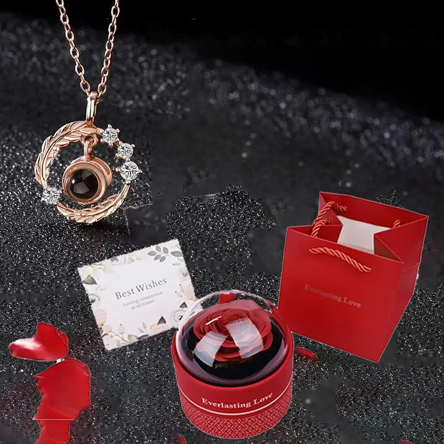 100 Languages I Love You Projection Necklace With Luxury Rose Flower Gift Box Christmas Mother Day Gifts Romantic Jewelry
