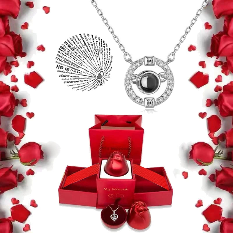 I Love You Necklace With Rose Gifts Box 100 Languages Projection Pendant Jewelry For Girlfriend 2023 New In Romantic Accessories