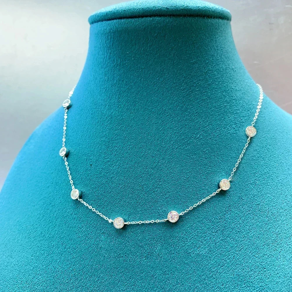 3mm D Color Full Moissanite Tennis Necklace with Certificate 925 Sterling Silver Bezel Set Bubble Round Cut Diamond Neck Chain
