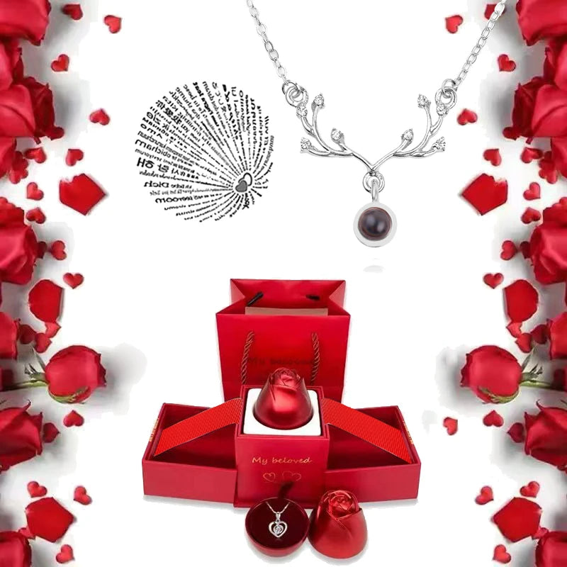 I Love You Necklace With Rose Gifts Box 100 Languages Projection Pendant Jewelry For Girlfriend 2023 New In Romantic Accessories
