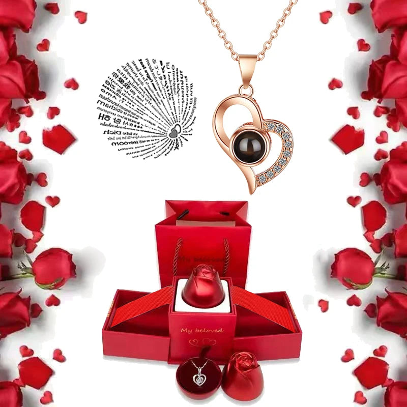I Love You Necklace With Rose Gifts Box 100 Languages Projection Pendant Jewelry For Girlfriend 2023 New In Romantic Accessories