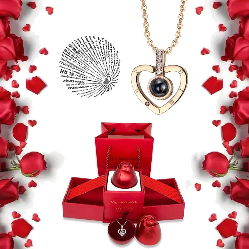 I Love You Necklace With Rose Gifts Box 100 Languages Projection Pendant Jewelry For Girlfriend 2023 New In Romantic Accessories