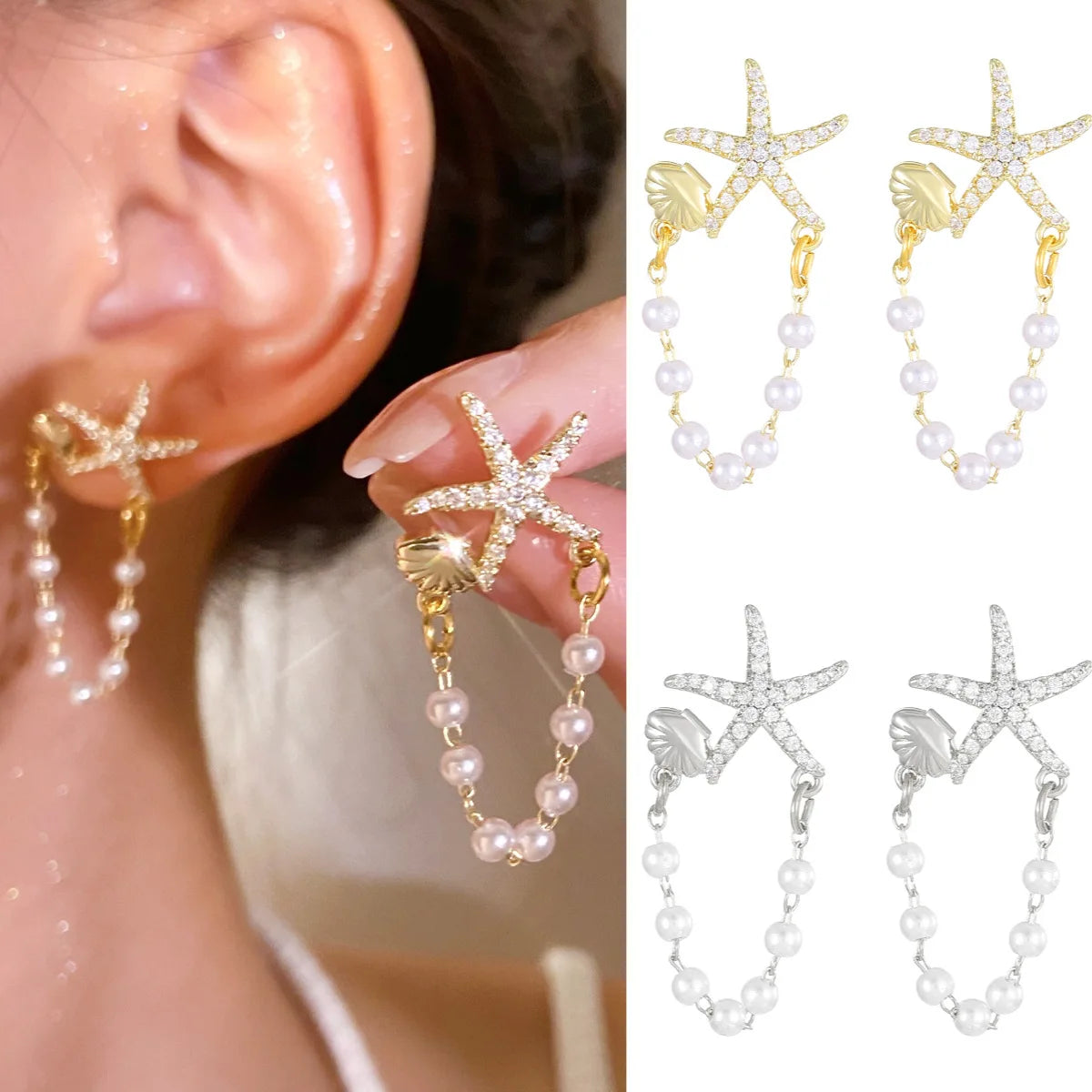 New Cute Starfish Shell Stud Earrings for Women Shiny Rhinestone Imitation Pearl Asymmetric Zircon Earring Girls Charm Jewelry