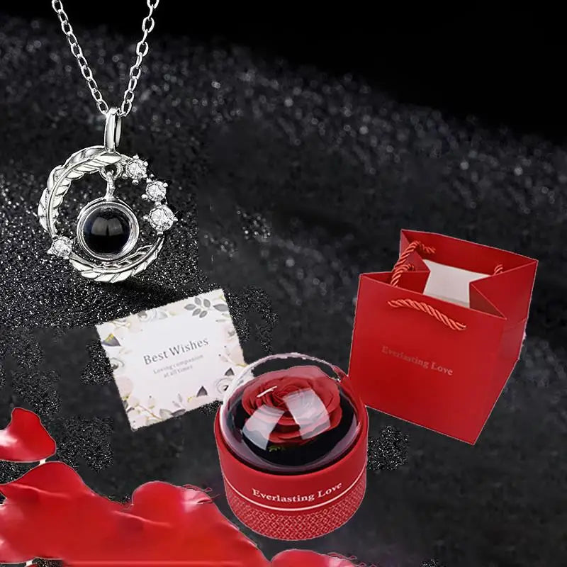 100 Languages I Love You Projection Necklace With Luxury Rose Flower Gift Box Christmas Mother Day Gifts Romantic Jewelry