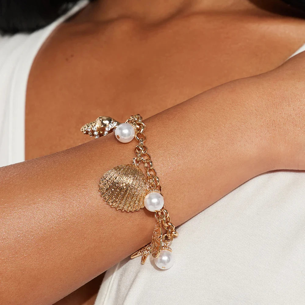 2025 Summer Shell Starfish Bracelet Bangle Waterproof Accessories Beach Ocean Pendant Stainless Steel Chain Bracelets for Women