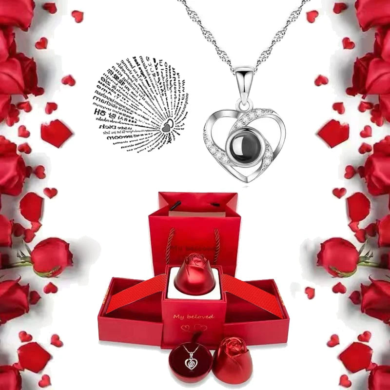 I Love You Necklace With Rose Gifts Box 100 Languages Projection Pendant Jewelry For Girlfriend 2023 New In Romantic Accessories