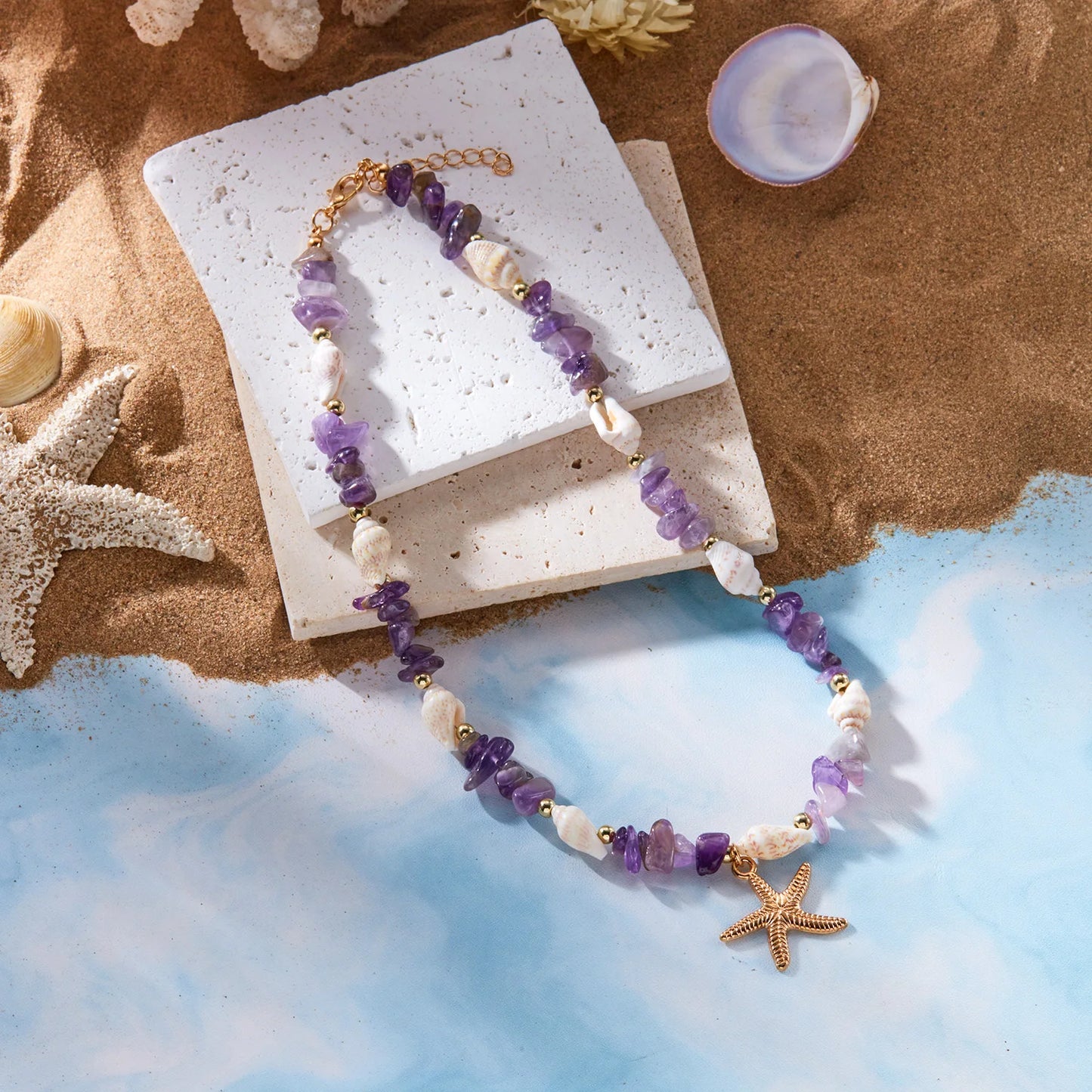 Bohemian Starfish Conch Pendant Necklaces For Women Colorful Irregular Stone Choker Neck Chain Girls Summer Beach Party Jewelry