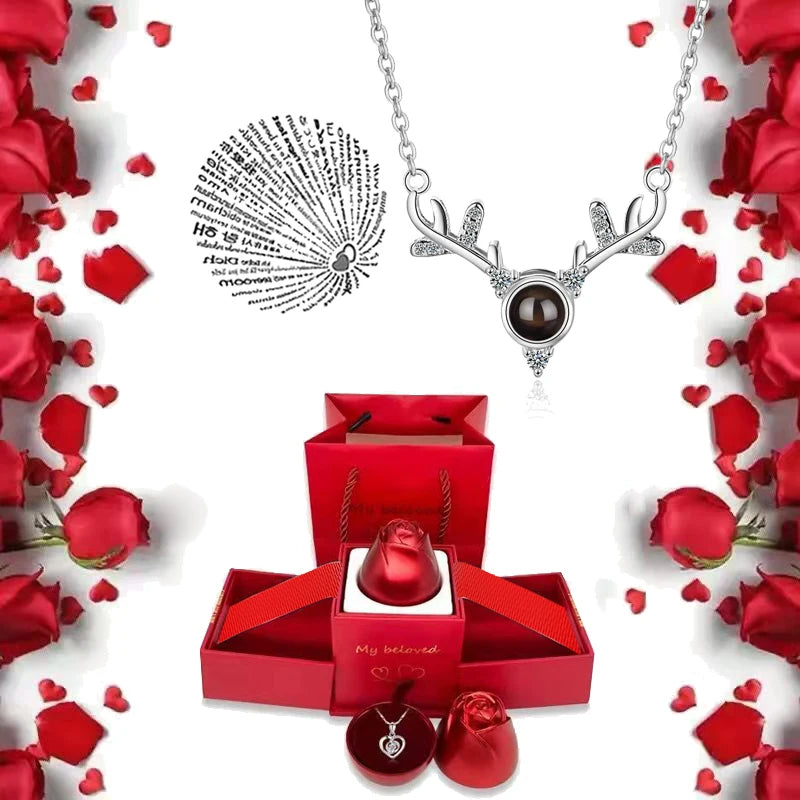 I Love You Necklace With Rose Gifts Box 100 Languages Projection Pendant Jewelry For Girlfriend 2023 New In Romantic Accessories
