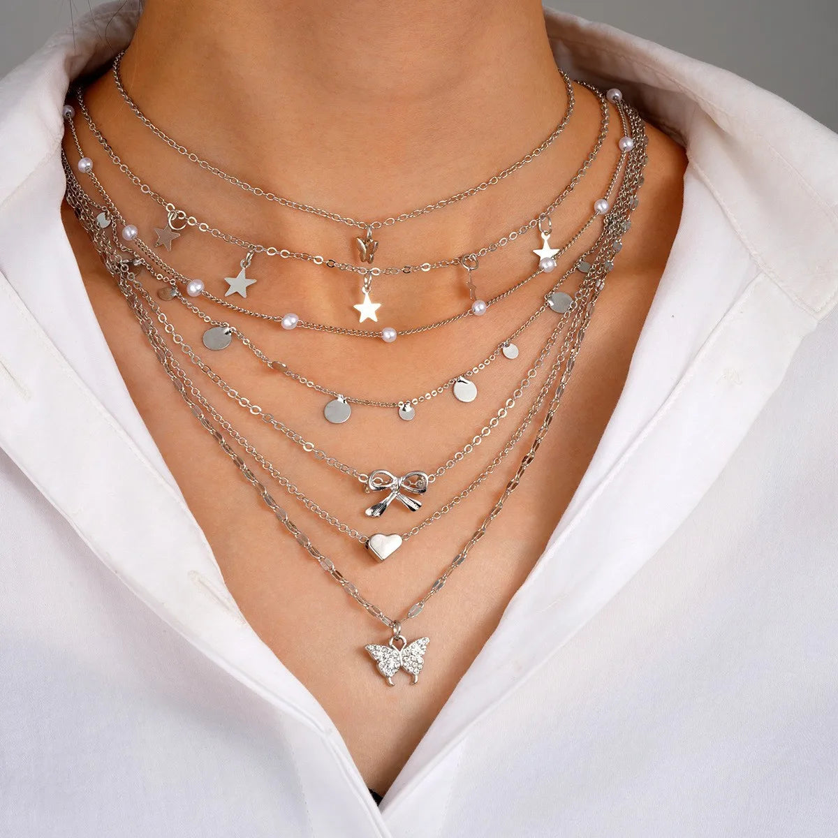 Multilayer Baroque Imitation Pearl Necklace For Women Love Heart Shape Bowknot Tassel Metal Chain Choker Personality Jewelry