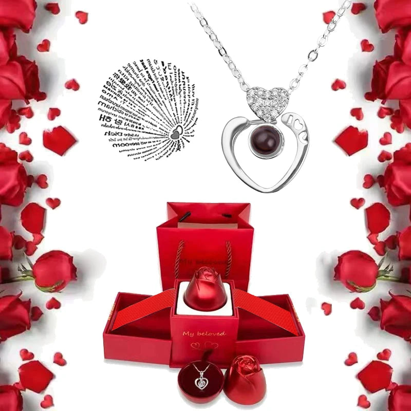 I Love You Necklace With Rose Gifts Box 100 Languages Projection Pendant Jewelry For Girlfriend 2023 New In Romantic Accessories