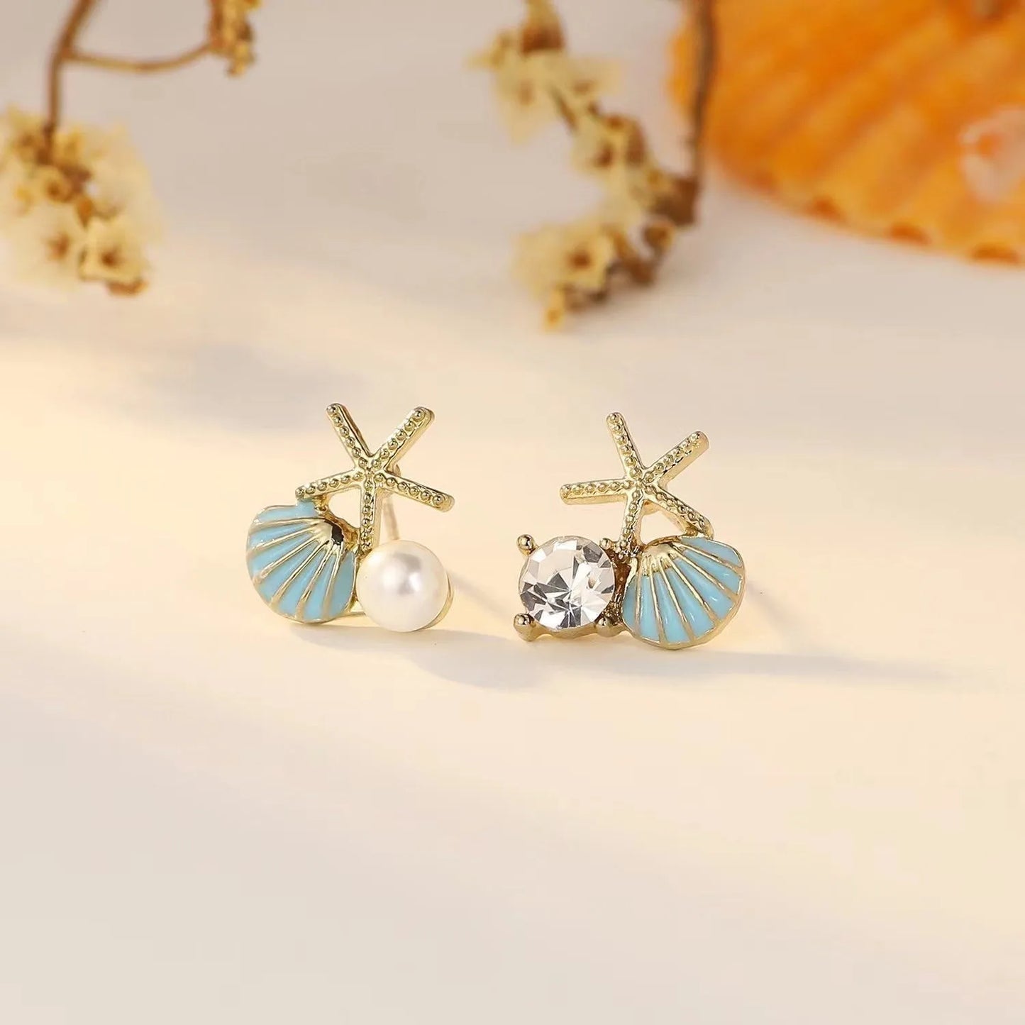 New Cute Starfish Shell Stud Earrings for Women Shiny Rhinestone Imitation Pearl Asymmetric Zircon Earring Girls Charm Jewelry