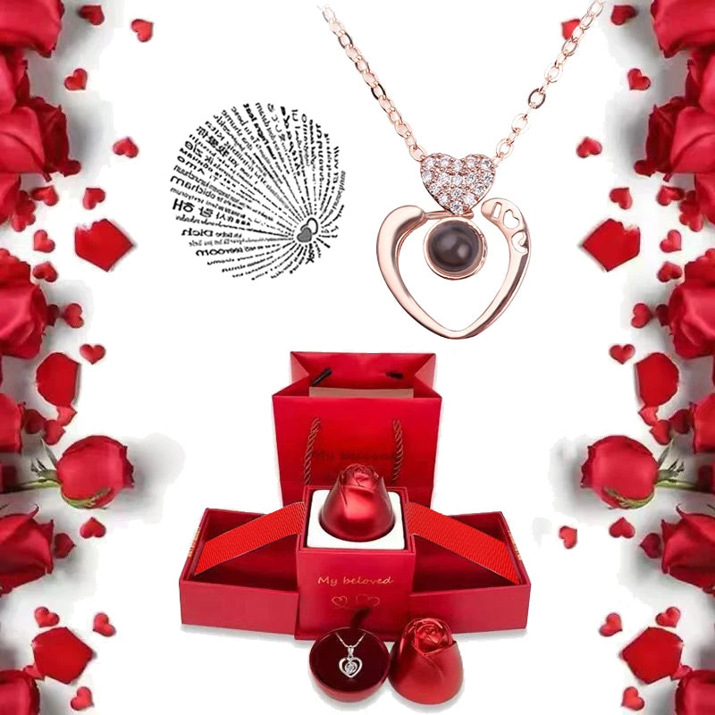I Love You Necklace With Rose Gifts Box 100 Languages Projection Pendant Jewelry For Girlfriend 2023 New In Romantic Accessories