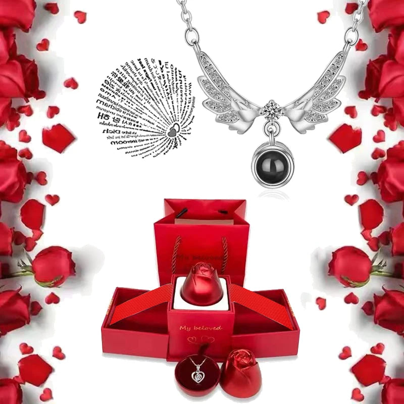 I Love You Necklace With Rose Gifts Box 100 Languages Projection Pendant Jewelry For Girlfriend 2023 New In Romantic Accessories