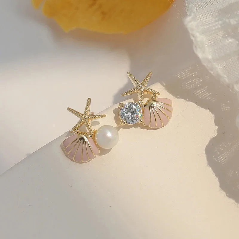 New Cute Starfish Shell Stud Earrings for Women Shiny Rhinestone Imitation Pearl Asymmetric Zircon Earring Girls Charm Jewelry