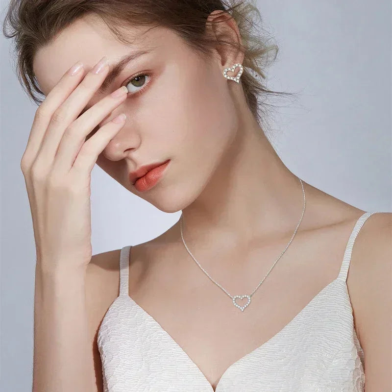Heart Shape Moissanite Diamond Jewelry Set for Women 925 Sterling Silver Plated 18k Gold Neckchain Pendant Necklace Stud Earring
