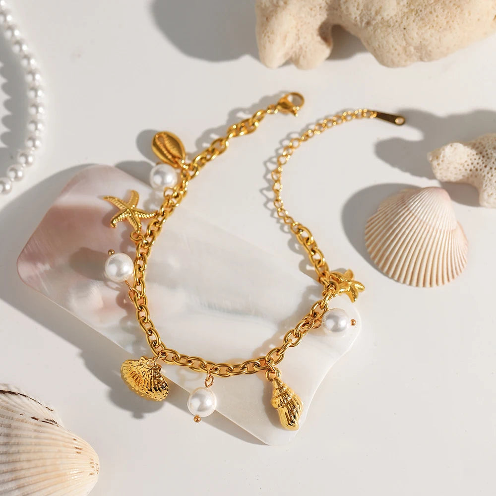 2025 Summer Shell Starfish Bracelet Bangle Waterproof Accessories Beach Ocean Pendant Stainless Steel Chain Bracelets for Women