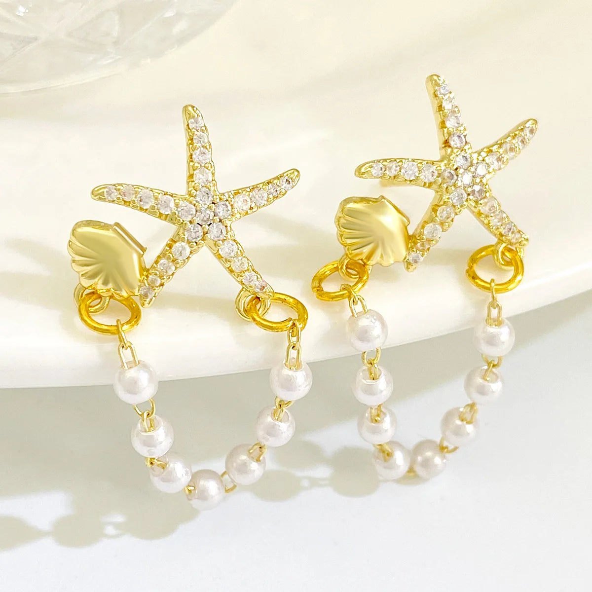 New Cute Starfish Shell Stud Earrings for Women Shiny Rhinestone Imitation Pearl Asymmetric Zircon Earring Girls Charm Jewelry