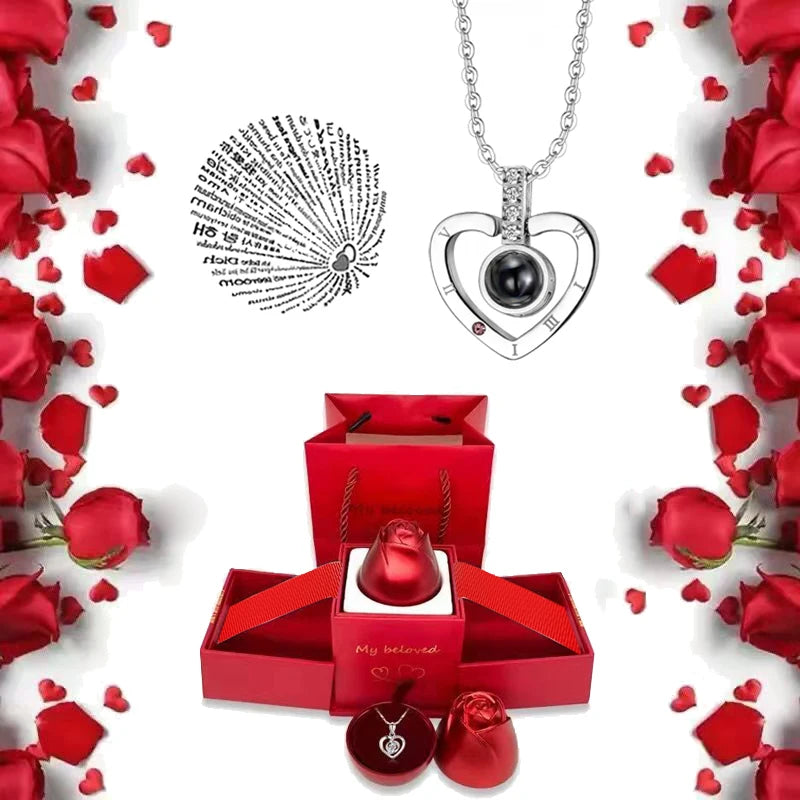 I Love You Necklace With Rose Gifts Box 100 Languages Projection Pendant Jewelry For Girlfriend 2023 New In Romantic Accessories