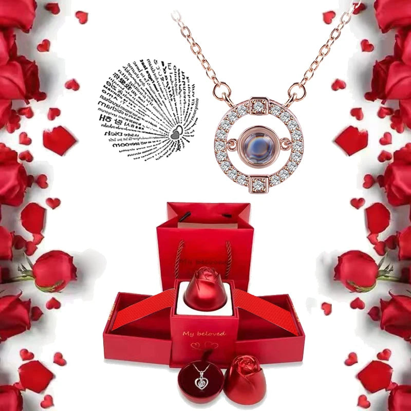 I Love You Necklace With Rose Gifts Box 100 Languages Projection Pendant Jewelry For Girlfriend 2023 New In Romantic Accessories