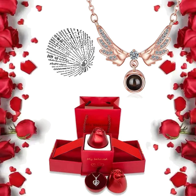 I Love You Necklace With Rose Gifts Box 100 Languages Projection Pendant Jewelry For Girlfriend 2023 New In Romantic Accessories