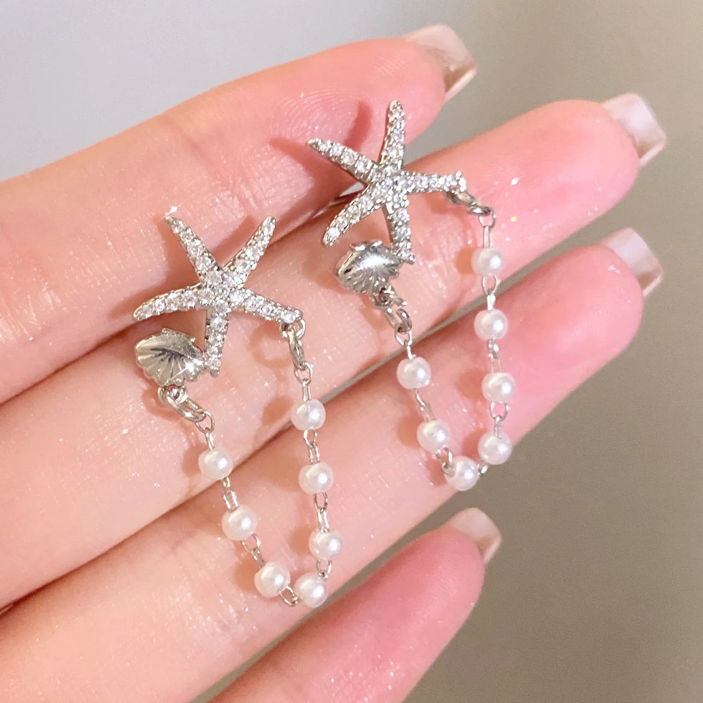 New Cute Starfish Shell Stud Earrings for Women Shiny Rhinestone Imitation Pearl Asymmetric Zircon Earring Girls Charm Jewelry