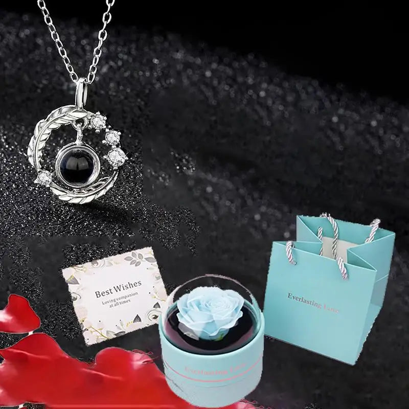 100 Languages I Love You Projection Necklace With Luxury Rose Flower Gift Box Christmas Mother Day Gifts Romantic Jewelry