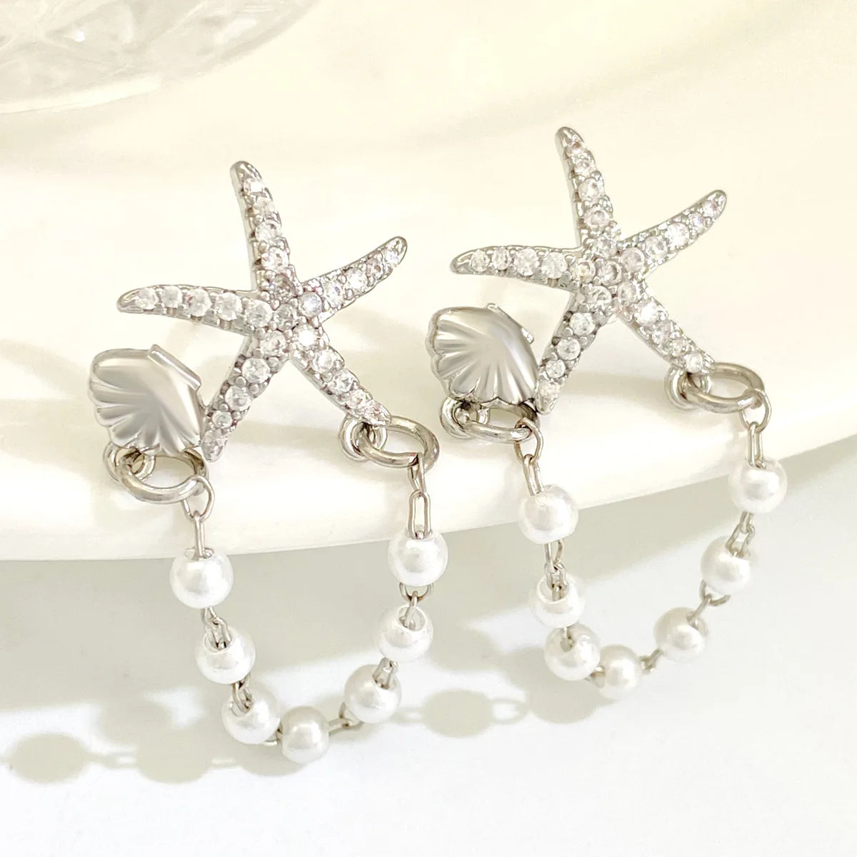 New Cute Starfish Shell Stud Earrings for Women Shiny Rhinestone Imitation Pearl Asymmetric Zircon Earring Girls Charm Jewelry