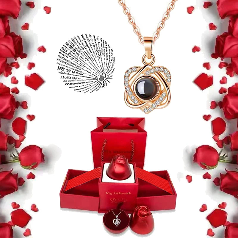 I Love You Necklace With Rose Gifts Box 100 Languages Projection Pendant Jewelry For Girlfriend 2023 New In Romantic Accessories