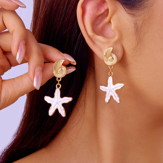 Ocean Series Conch Starfish Dangle Earrings for Women Summer Beach Asymmetrical Metal Enamel Earring Girls Party Jewelry Gift