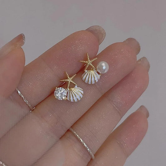 New Cute Starfish Shell Stud Earrings for Women Shiny Rhinestone Imitation Pearl Asymmetric Zircon Earring Girls Charm Jewelry