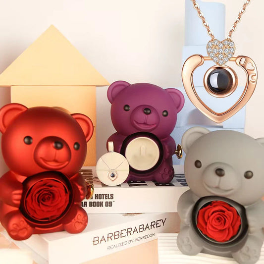 Luxury Necklace With Cute Bear Rose Flower Gift Box 100 Languages Projection Pendant 2025 Hot Mother's Day Birthday Gifts